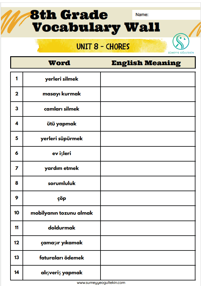 8.8 Chores /Tur-Eng/ VOCABULARY Exercise